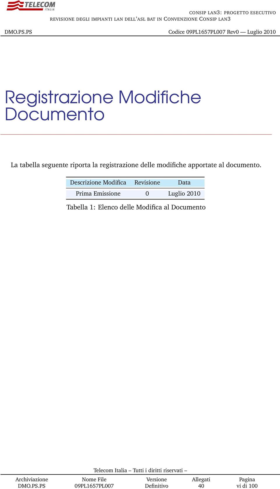 Descrizione Modifica Revisione Data Prima Emissione 0 Luglio 2010