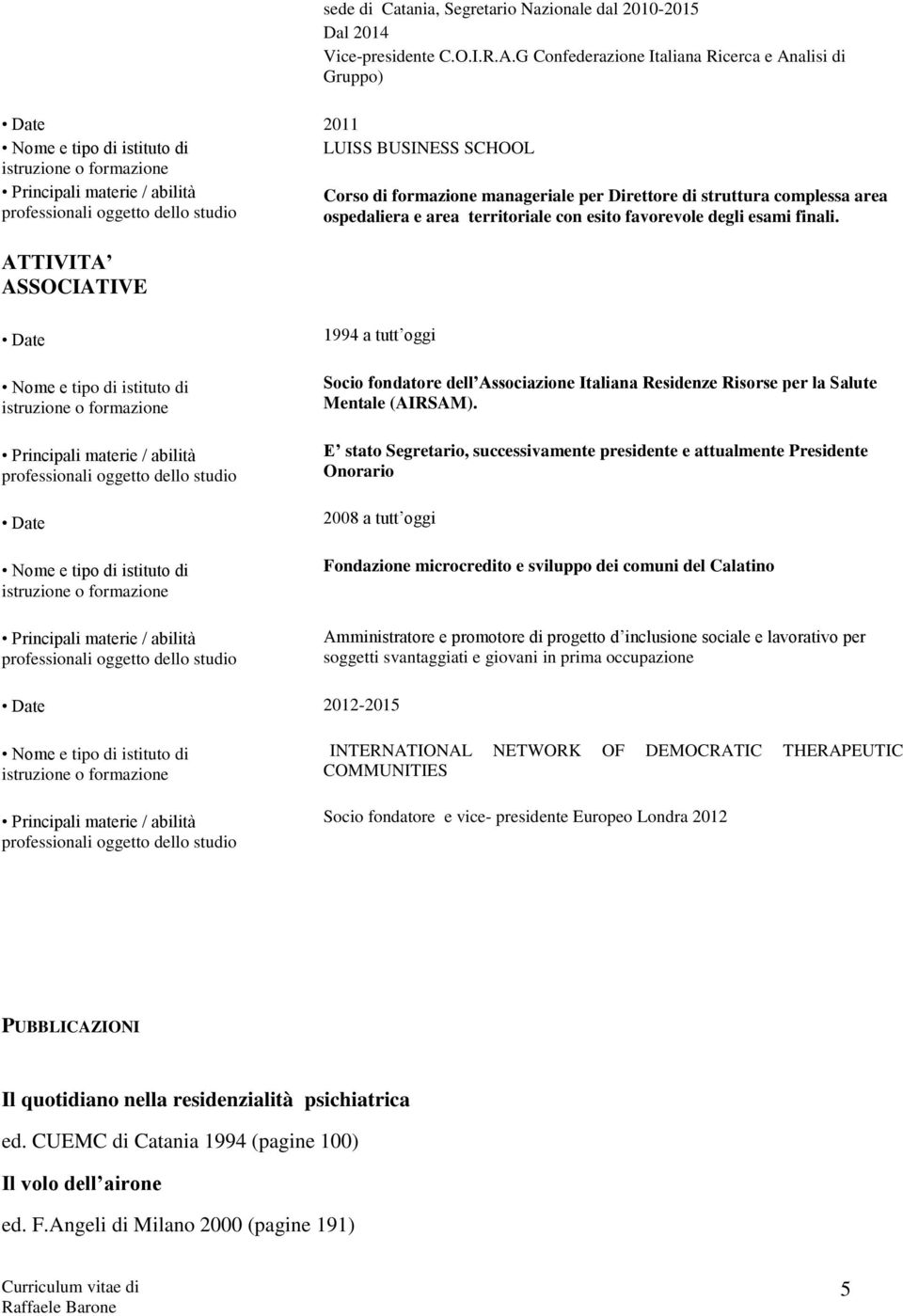 favorevole degli esami finali. ATTIVITA ASSOCIATIVE 1994 a tutt oggi Socio fondatore dell Associazione Italiana Residenze Risorse per la Salute Mentale (AIRSAM).