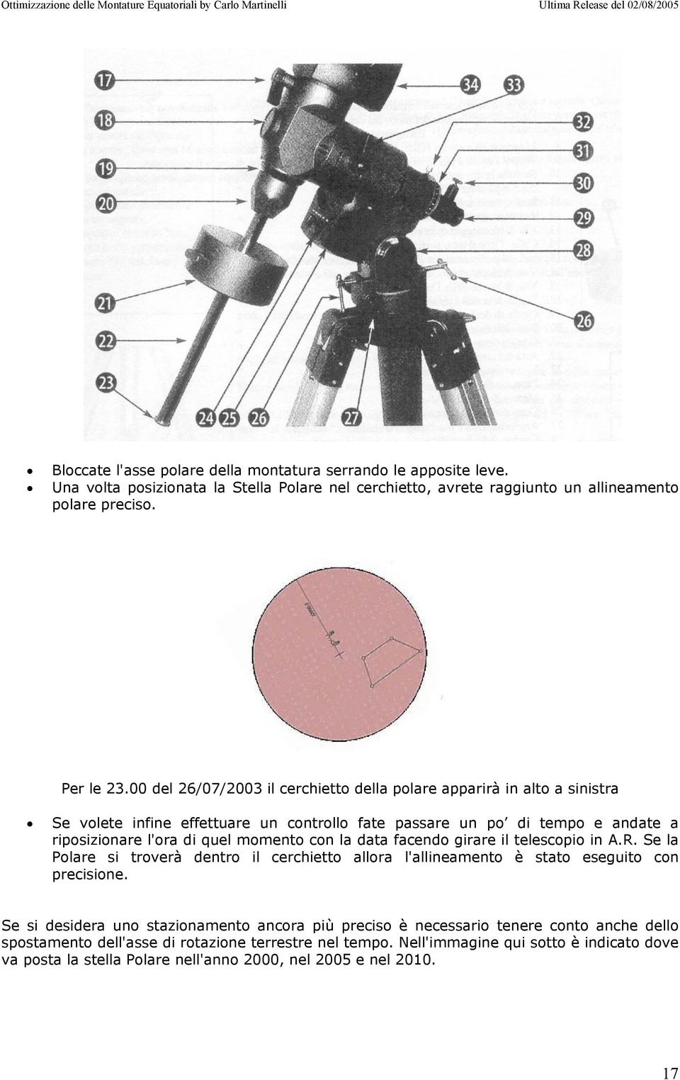 la data facendo girare il telescopio in A.R. Se la Polare si troverà dentro il cerchietto allora l'allineamento è stato eseguito con precisione.