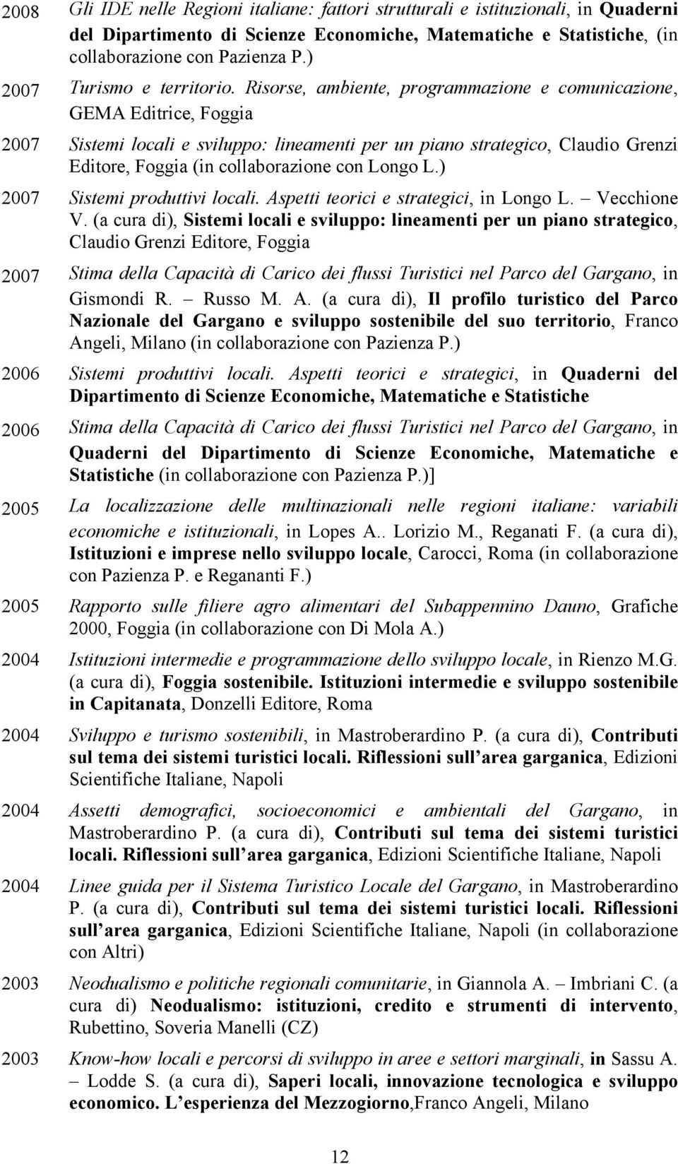 Risorse, ambiente, programmazione e comunicazione, GEMA Editrice, Foggia 2007 Sistemi locali e sviluppo: lineamenti per un piano strategico, Claudio Grenzi Editore, Foggia (in collaborazione con