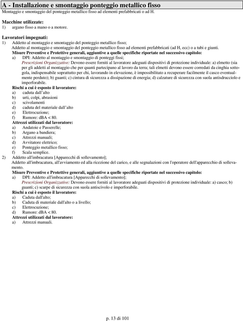 a) DPI: Addetto al montaggio e smontaggio di ponteggi fissi; Prescrizioni Organizzative: Devono essere forniti al lavoratore adeguati dispositivi di protezione individuale: a) elmetto (sia per gli