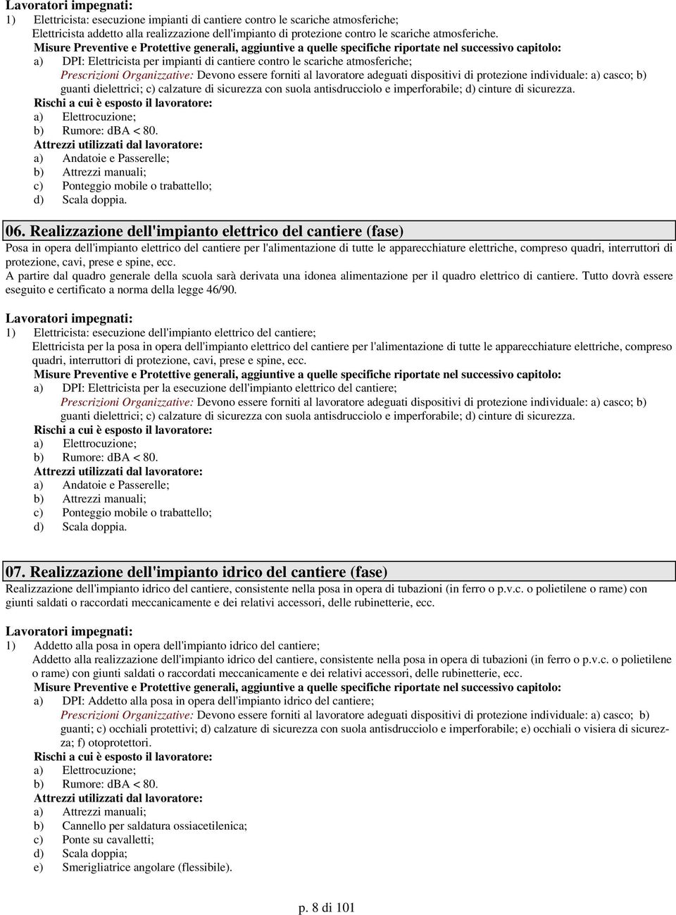 casco; b) guanti dielettrici; c) calzature di sicurezza con suola antisdrucciolo e imperforabile; d) cinture di sicurezza. a) Elettrocuzione; b) Rumore: dba < 80.