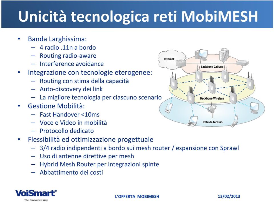 dei link La migliore tecnologia per ciascuno scenario Gestione Mobilità: Fast Handover <10ms Voce e Video in mobilità Protocollo dedicato