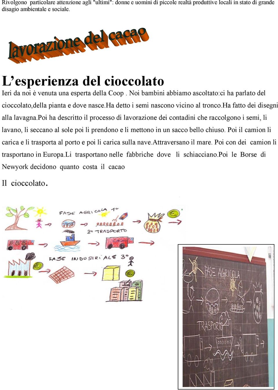 ha fatto dei disegni alla lavagna.poi ha descritto il processo di lavorazione dei contadini che raccolgono i semi, li lavano, li seccano al sole poi li prendono e li mettono in un sacco bello chiuso.