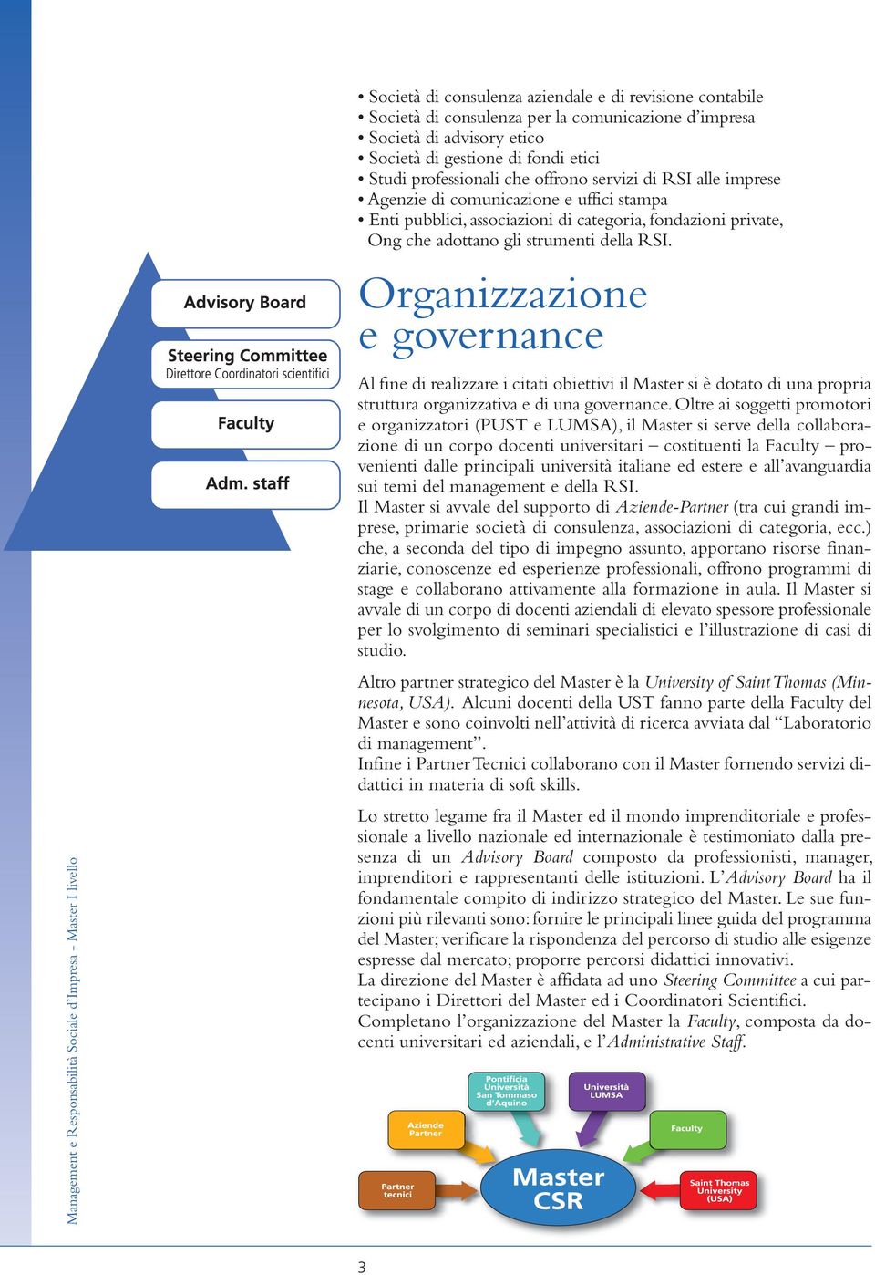 Organizzazione e governance Al fine di realizzare i citati obiettivi il Master si è dotato di una propria struttura organizzativa e di una governance.