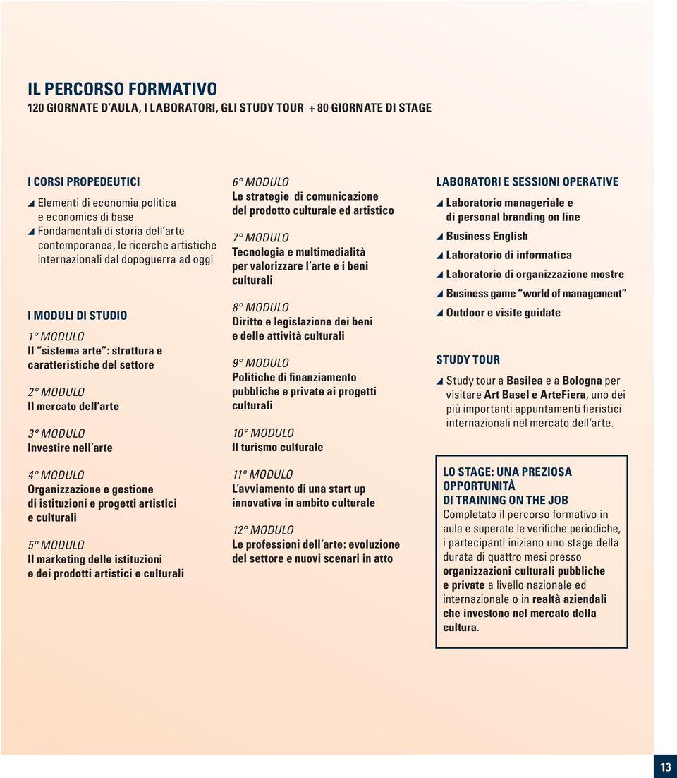 MODULO Investire nell arte 4 MODULO Organizzazione e gestione di istituzioni e progetti artistici e culturali 5 MODULO Il marketing delle istituzioni e dei prodotti artistici e culturali 6 MODULO Le