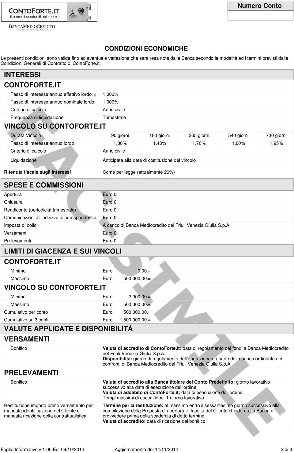 IT Tasso di interesse annuo effettivo lordo (1) 1,003% Tasso di interesse annuo nominale lordo 1,000% Criterio di calcolo Frequenza di liquidazione VINCOLO SU CONTOFORTE.