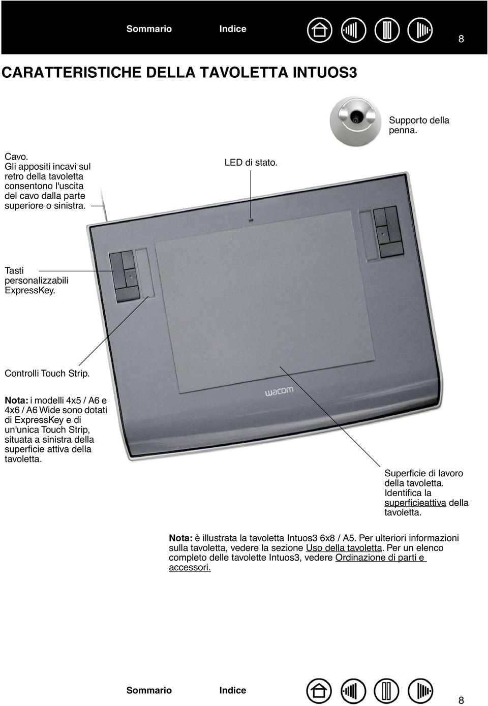 Nota: i modelli 4x5 / A6 e 4x6 / A6 Wide sono dotati di ExpressKey e di un'unica Touch Strip, situata a sinistra della superficie attiva della tavoletta.
