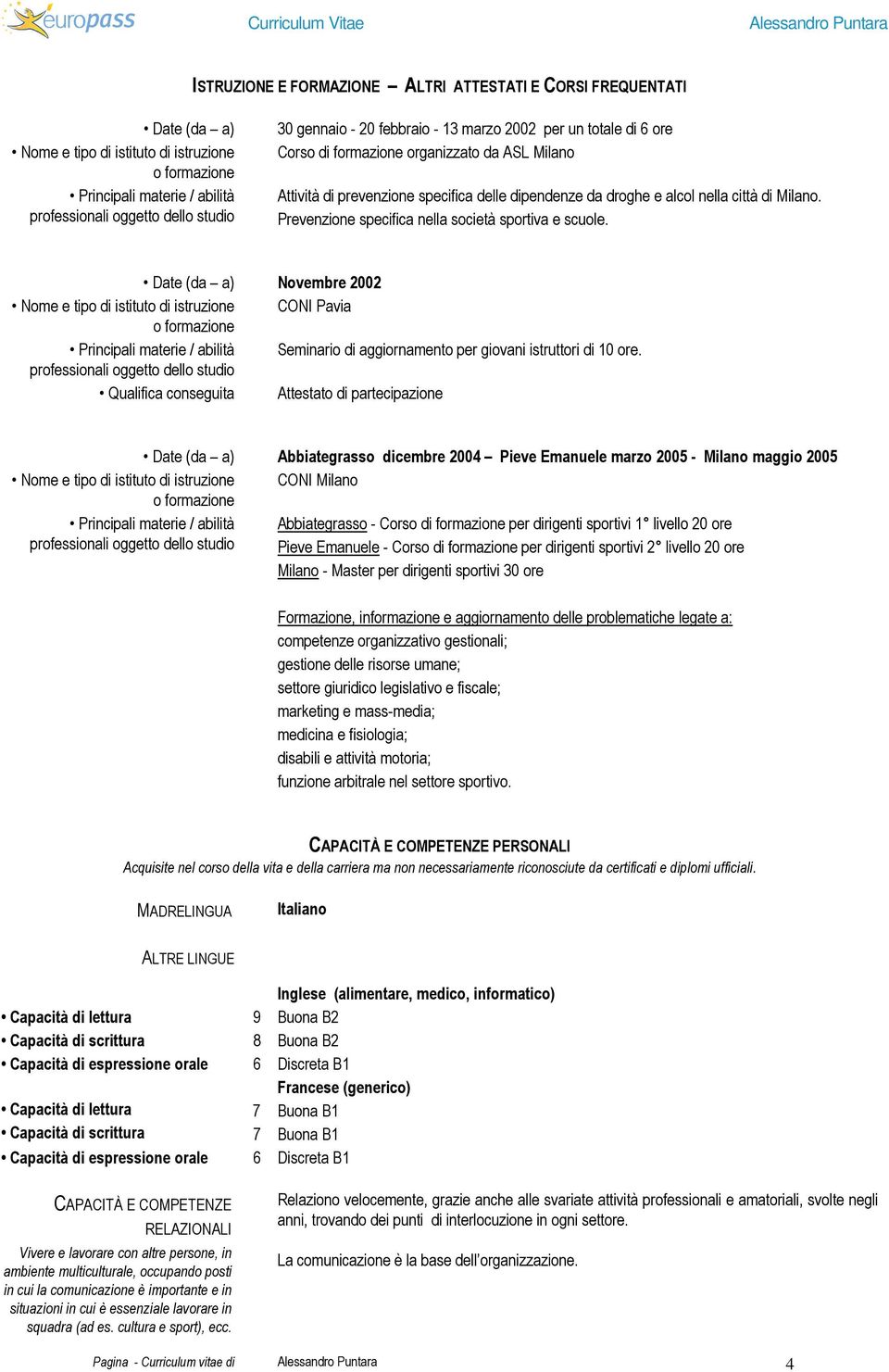 Novembre 2002 Nome e tipo di istituto di istruzione CONI Pavia Principali materie / abilità Seminario di aggiornamento per giovani istruttori di 10 ore.