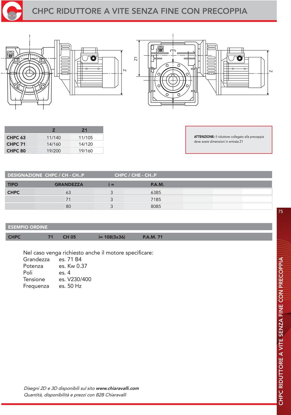 CHPC 63 3 63B5 71 3 71B5 80 3 80B5 75 ESEMPIO ORDINE CHPC 71 CH 05 i= 108(3x36) P.A.M. 71 Nel caso venga richiesto anche il motore specificare: Grandezza es.
