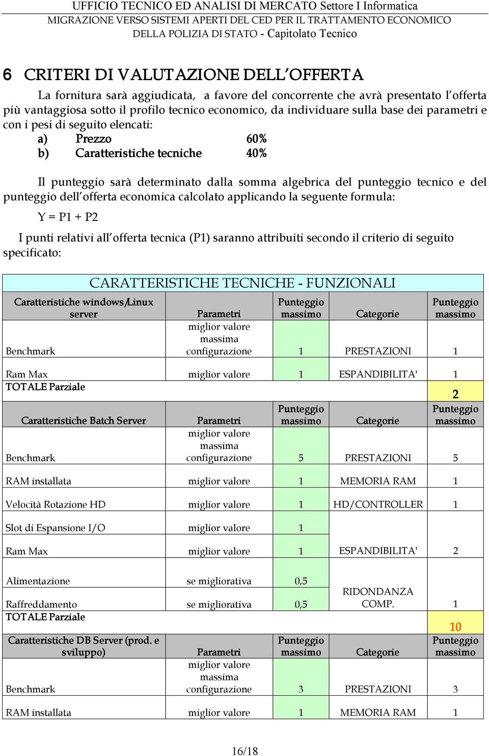 offerta economica calcolato applicando la seguente formula: Y = P1 + P2 I punti relativi all offerta tecnica (P1) saranno attribuiti secondo il criterio di seguito specificato: Caratteristiche