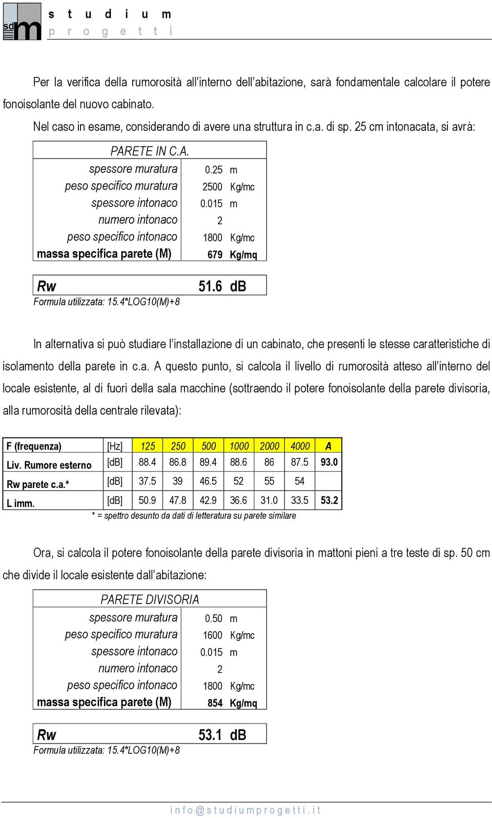 015 m numero intonaco 2 peso specifico intonaco 1800 Kg/mc massa specifica parete (M) 679 Kg/mq Rw Formula utilizzata: 15.4*LOG10(M)+8 51.