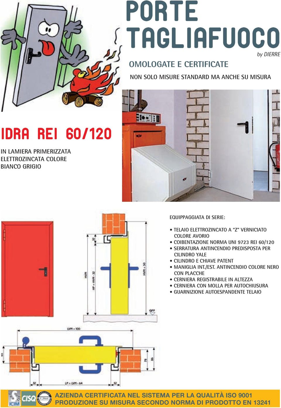 COIBENTAZIONE NORMA UNI 9723 REI 60/120 SERRATURA ANTINCENDIO PREDISPOSTA PER CILINDRO YALE CILINDRO E CHIAVE PATENT MANIGLIA INT.