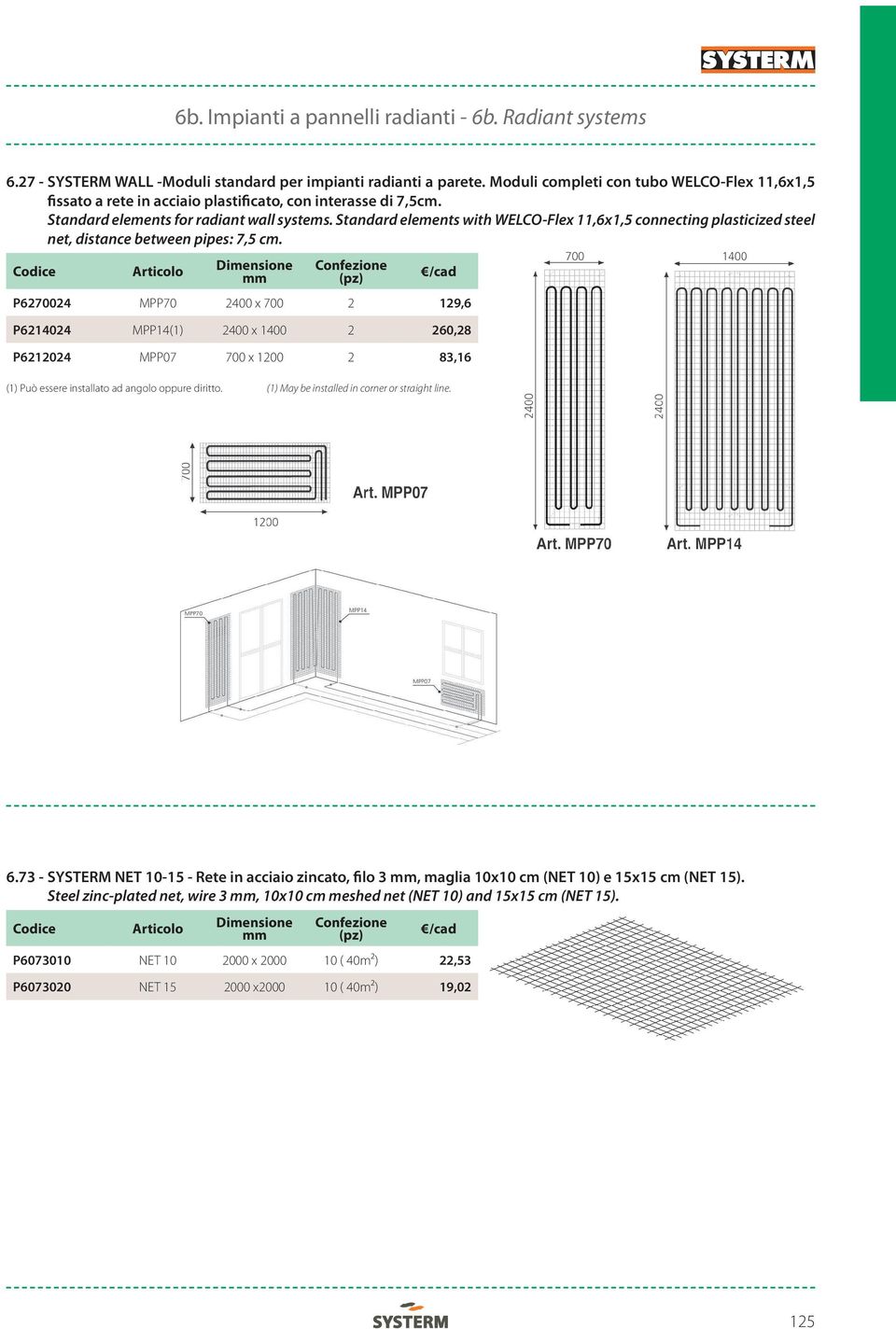 Dimensione P6270024 MPP70 2400 x 700 2 129,6 P6214024 MPP14(1) 2400 x 1400 2 260,28 P6212024 MPP07 700 x 1200 2 83,16 (1) Può essere installato ad angolo oppure diritto.