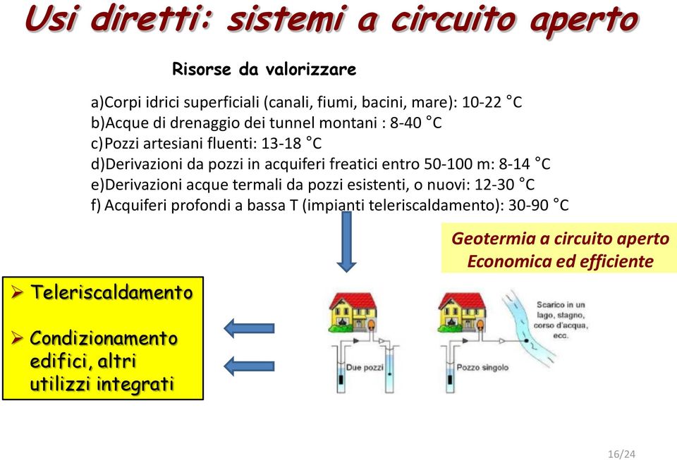 50-100 m: 8-14 C e)derivazioni acque termali da pozzi esistenti, o nuovi: 12-30 C f) Acquiferi profondi a bassa T (impianti