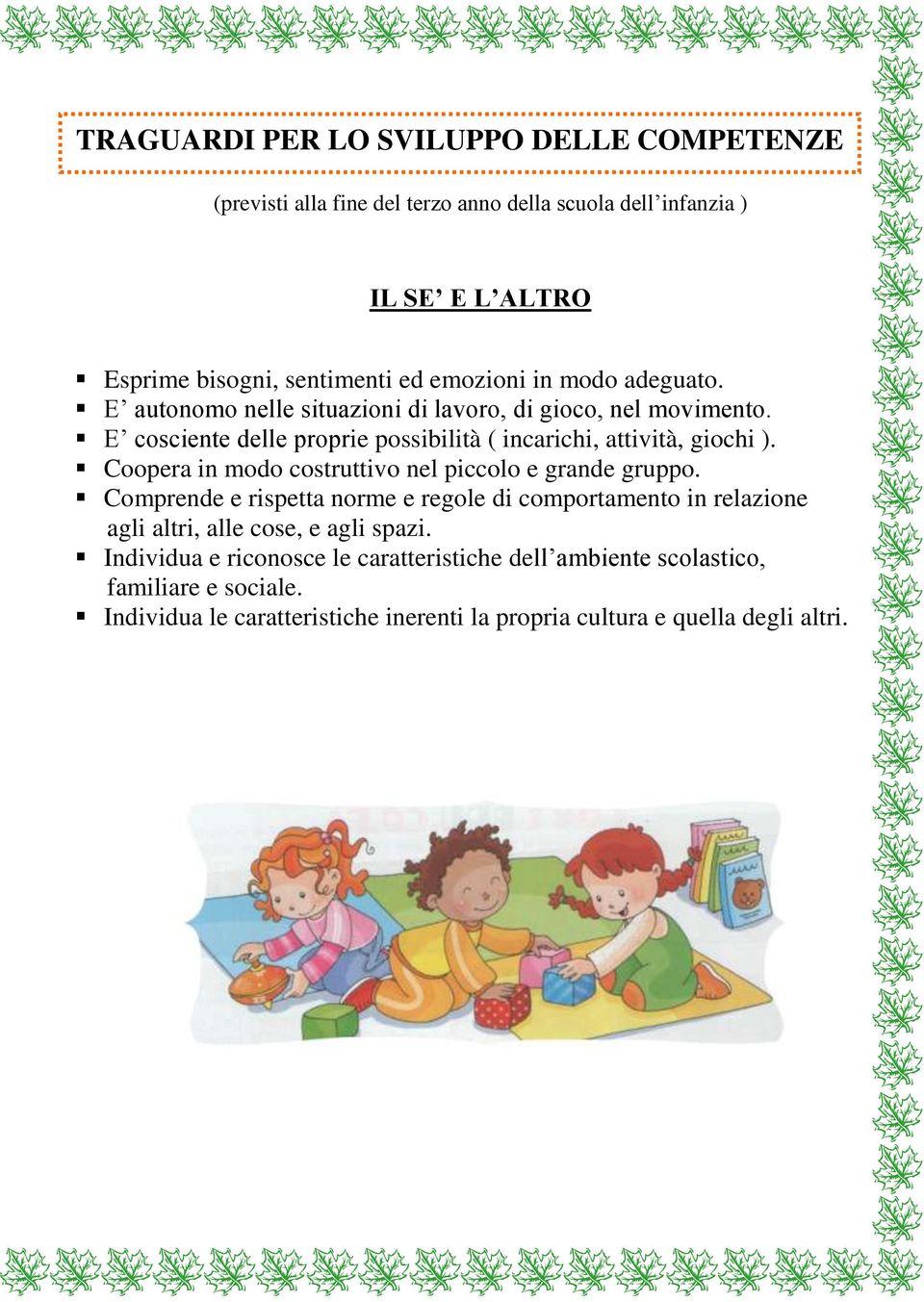 Coopera in modo costruttivo nel piccolo e grande gruppo. Comprende e rispetta norme e regole di comportamento in relazione agli altri, alle cose, e agli spazi.