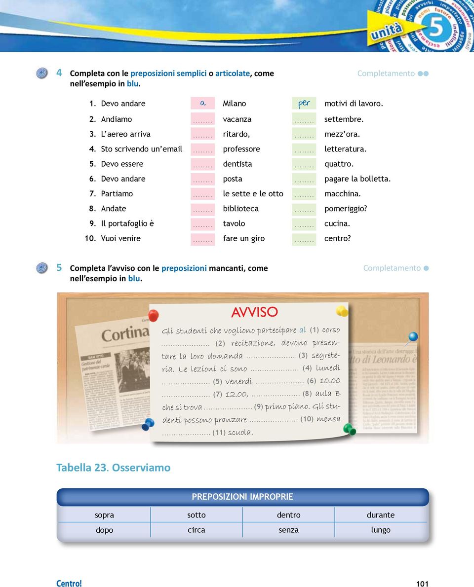 8. Andate biblioteca pomeriggio? 9. Il portafoglio è tavolo cucina. 10. Vuoi venire fare un giro centro? 5 Completa l avviso con le preposizioni mancanti, come nell esempio in blu.