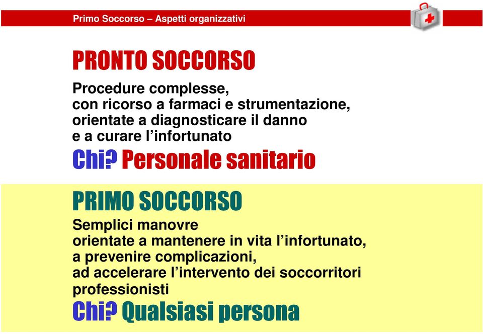 Personale sanitario PRIMO SOCCORSO Semplici manovre orientate a mantenere in vita l