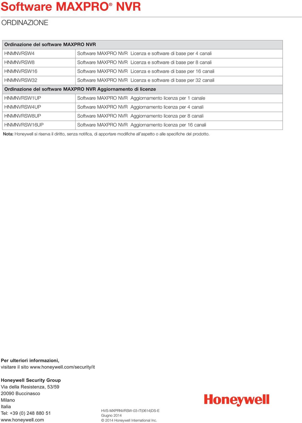 Aggiornamento licenza per 1 canale HNMSW4UP Software MAXPRO Aggiornamento licenza per 4 canali HNMSW8UP Software MAXPRO Aggiornamento licenza per 8 canali HNMSW16UP Software MAXPRO Aggiornamento