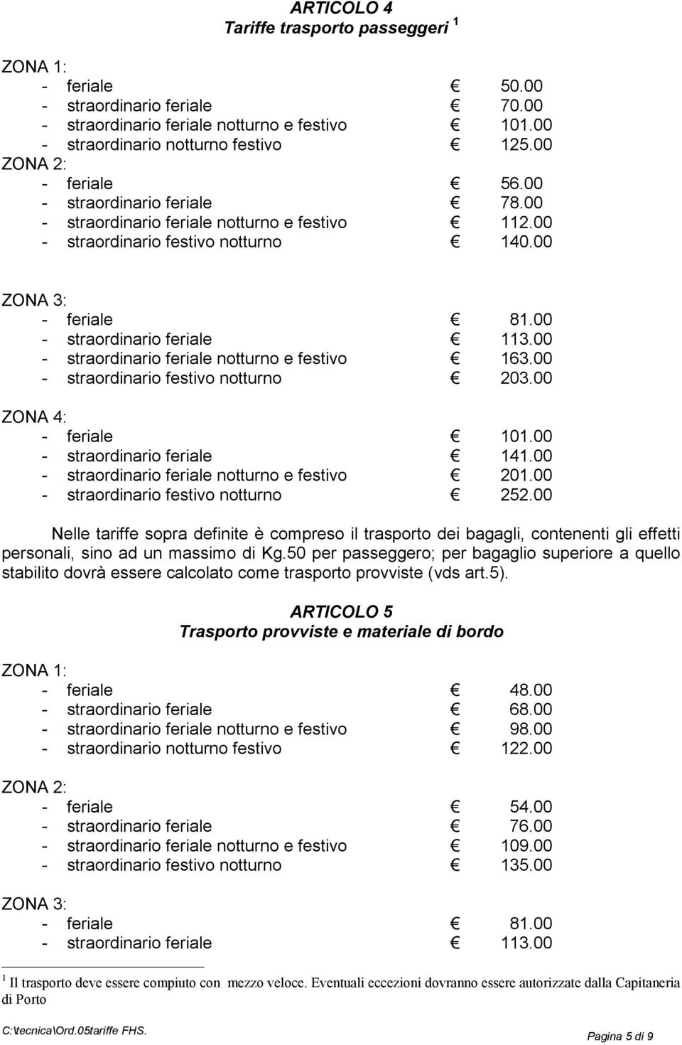 00 - straordinario feriale notturno e festivo 163.00 - straordinario festivo notturno 203.00 ZONA 4: - feriale 101.00 - straordinario feriale 141.00 - straordinario feriale notturno e festivo 201.