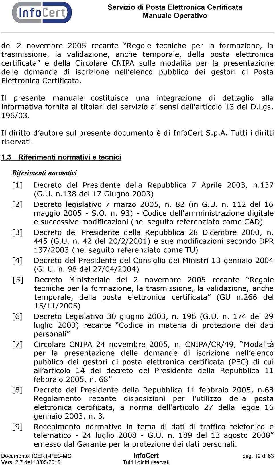 Il presente manuale costituisce una integrazione di dettaglio alla informativa fornita ai titolari del servizio ai sensi dell'articolo 13 del D.Lgs. 196/03.