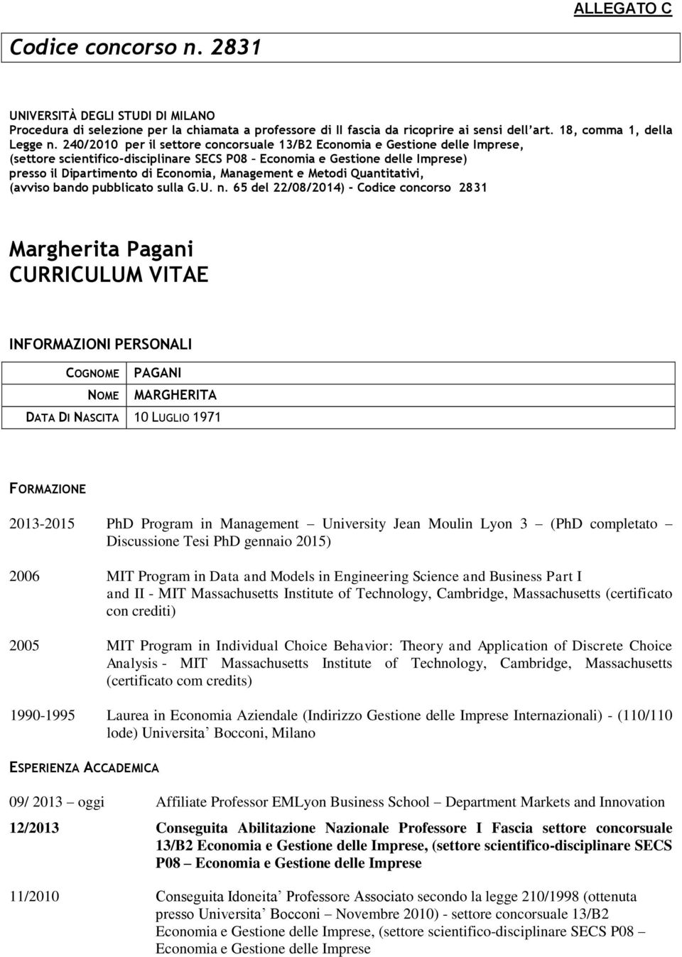 Management e Metodi Quantitativi, (avviso bando pubblicato sulla G.U. n.