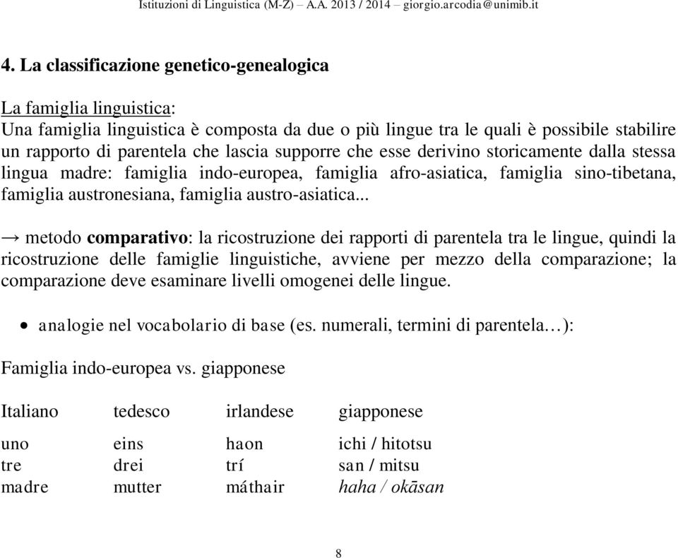 .. metodo comparativo: la ricostruzione dei rapporti di parentela tra le lingue, quindi la ricostruzione delle famiglie linguistiche, avviene per mezzo della comparazione; la comparazione deve