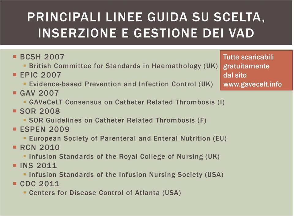 info GAV 2007 GAVeCeLT Consensus on Catheter Related Thrombosis (I) SOR 2008 SOR Guidelines on Catheter Related Thrombosis (F) ESPEN 2009 European Society