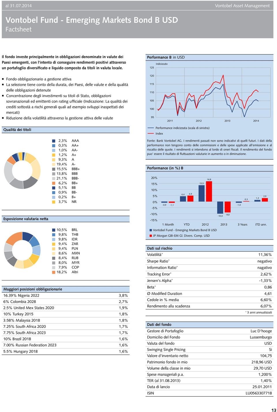 Performance B in USD Indicizzato 125 Fondo obbligazionario a gestione attiva La selezione tiene conto della durata, dei Paesi, delle valute e della qualità delle obbligazioni detenute Concentrazione