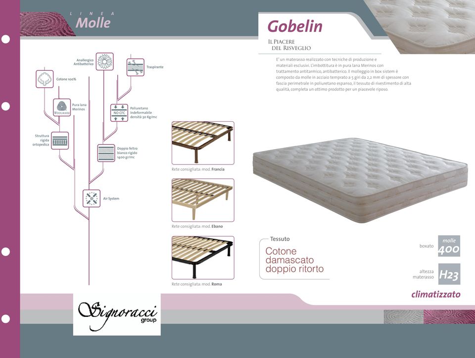 Il molleggio in box sistem è composto da molle in acciaio temprato a 5 giri da 2,2 mm di spessore con fascia perimetrale in poliuretano espanso, il tessuto di rivestimento di alta