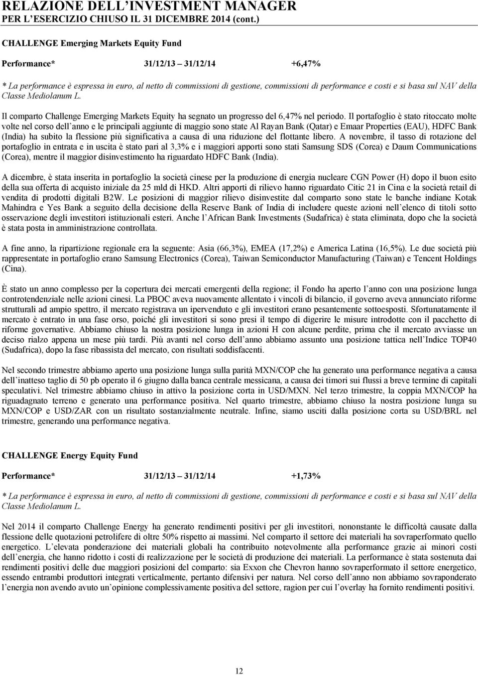 sul NAV della Classe Mediolanum L. Il comparto Challenge Emerging Markets Equity ha segnato un progresso del 6,47% nel periodo.