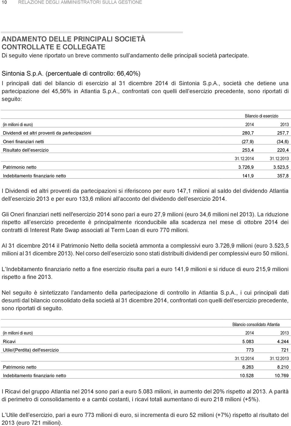 p.A., confrontati con quelli dell esercizio precedente, sono riportati di seguito: Bilancio di esercizio (in milioni di euro) 2014 2013 Dividendi ed altri proventi da partecipazioni 280,7 257,7 Oneri