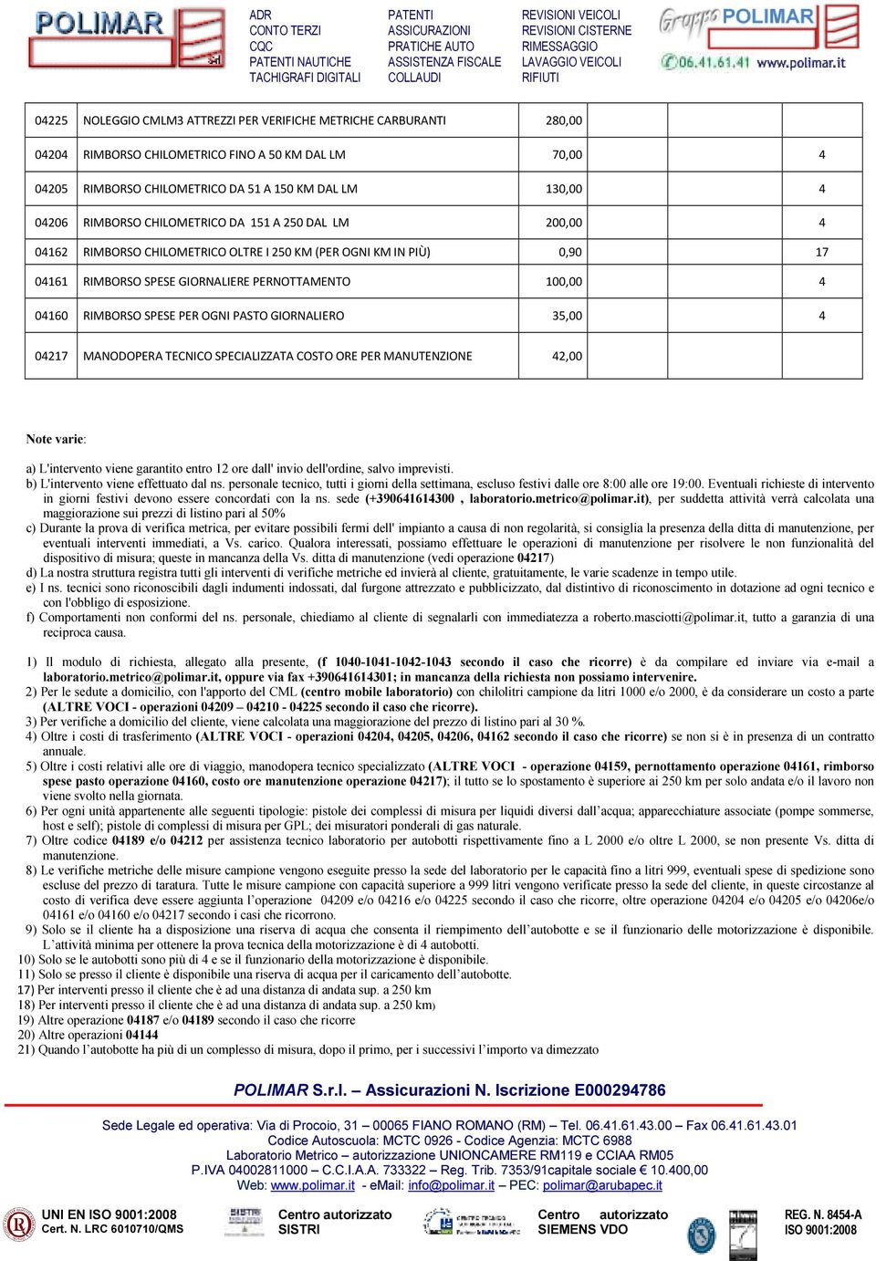 PER OGNI PASTO GIORNALIERO 35,00 4 04217 MANODOPERA TECNICO SPECIALIZZATA COSTO ORE PER MANUTENZIONE 42,00 Note varie: a) L'intervento viene garantito entro 12 ore dall' invio dell'ordine, salvo