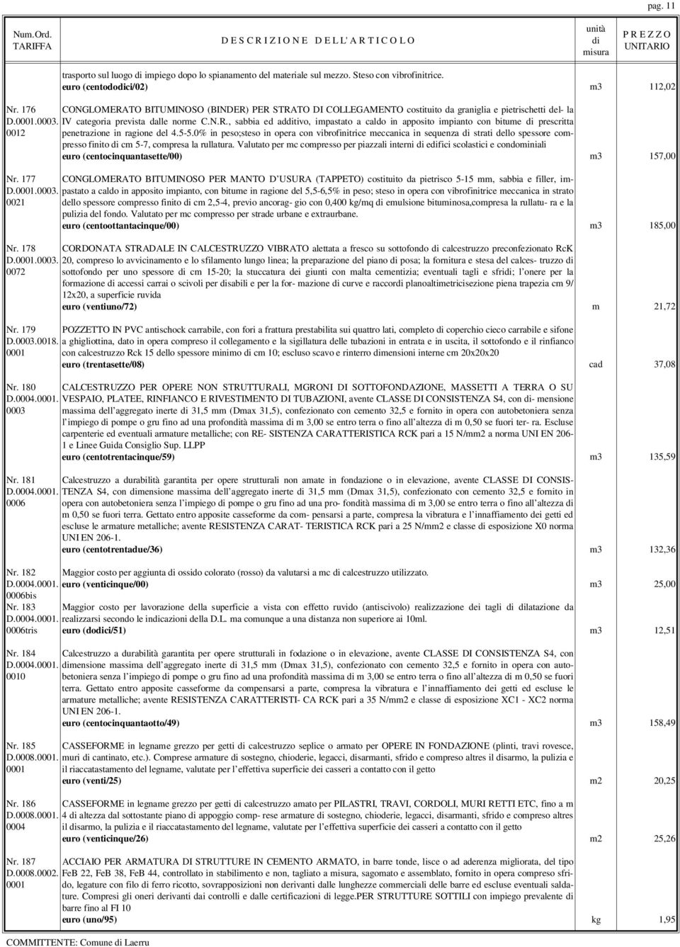 5-5.0% in peso;steso in opera con vibrofinitrice meccanica in sequenza strati dello spessore compresso finito cm 5-7, compresa la rullatura.