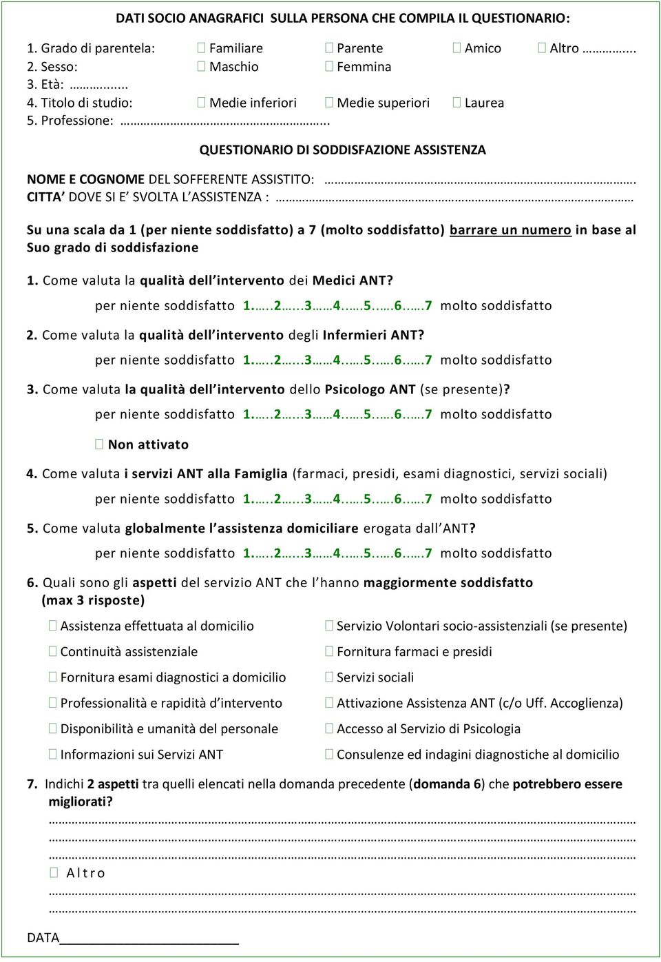 CITTA DOVE SI E SVOLTA L ASSISTENZA : Su una scala da 1 (per niente soddisfatto) a 7 (molto soddisfatto) barrare un numero in base al Suo grado di soddisfazione 1.