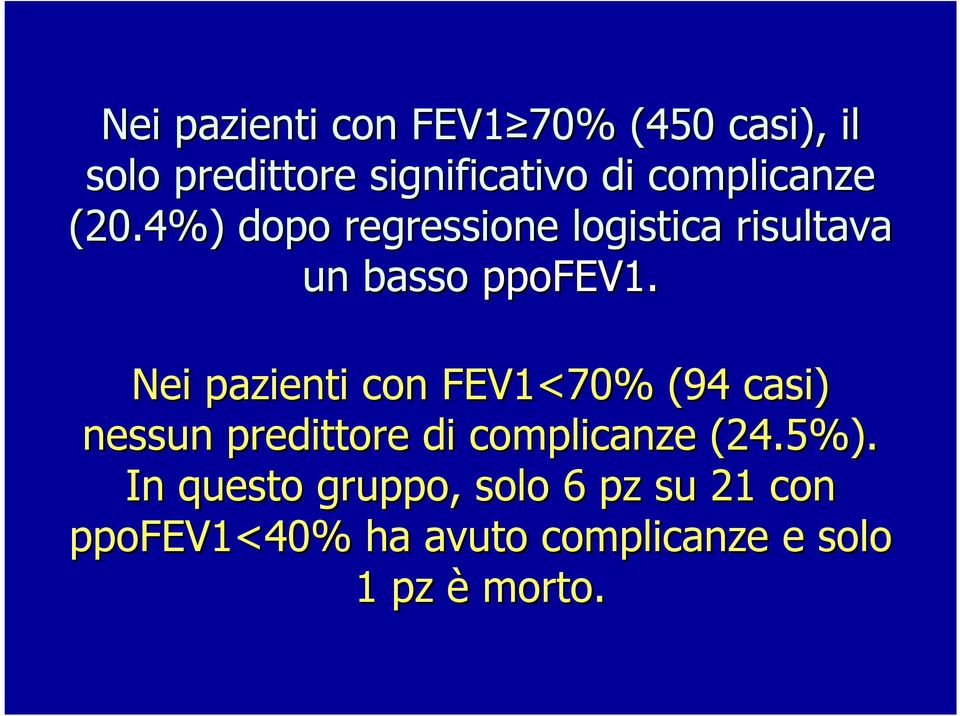 Nei pazienti con FEV1<70% (94 casi) nessun predittore di complicanze (24.5%).