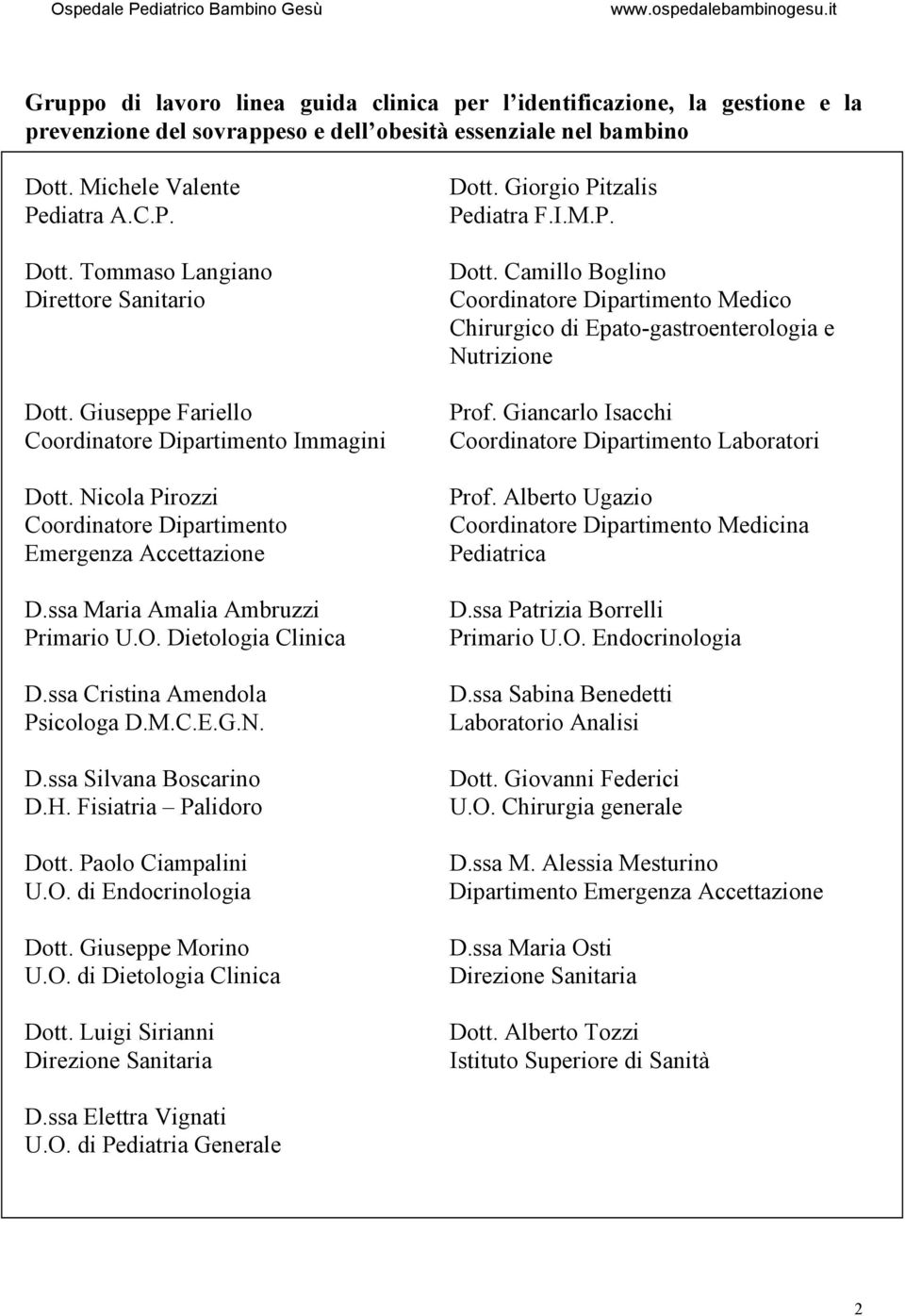 ssa Cristina Amendola Psicologa D.M.C.E.G.N. D.ssa Silvana Boscarino D.H. Fisiatria Palidoro Dott. Paolo Ciampalini U.O. di Endocrinologia Dott. Giuseppe Morino U.O. di Dietologia Clinica Dott.