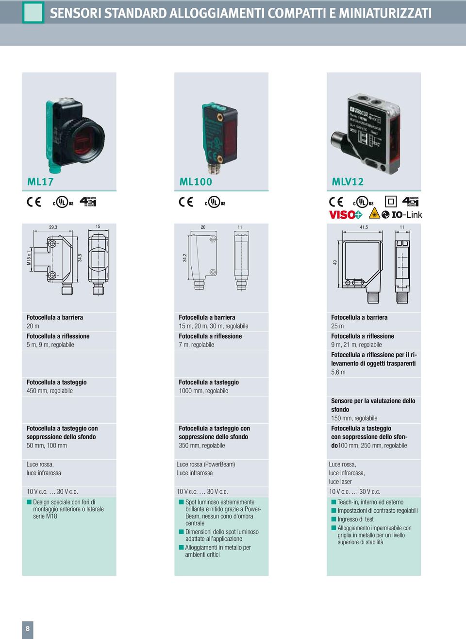 regolabile Fotocellula a tasteggio 1000 mm, regolabile Fotocellula a tasteggio con soppressione dello sfondo 350 mm, regolabile Fotocellula a barriera 25 m Fotocellula a riflessione 9 m, 21 m,