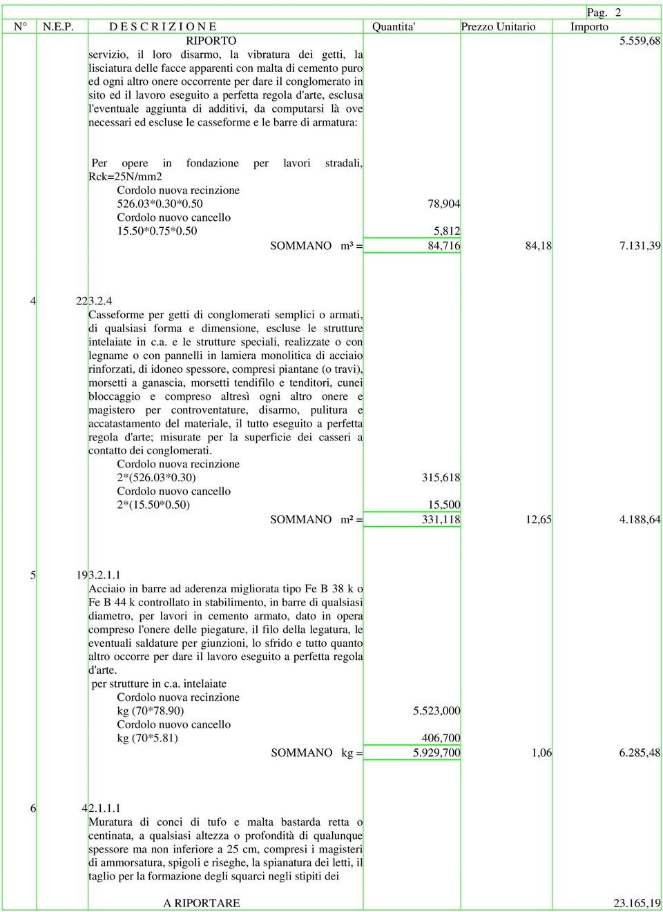 eseguito a perfetta regola d'arte, esclusa l'eventuale aggiunta di additivi, da computarsi là ove necessari ed escluse le casseforme e le barre di armatura: Per opere in fondazione per lavori