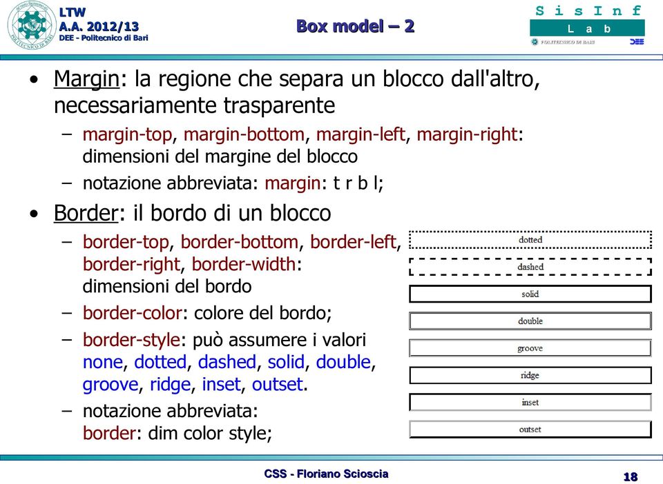 border-bottom, border-left, border-right, border-width: dimensioni del bordo border-color: colore del bordo; border-style: può assumere