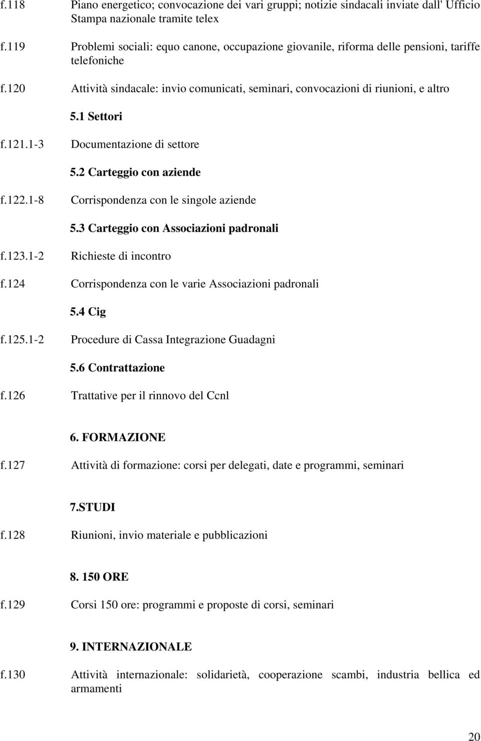 1 Settori f.121.1-3 Documentazione di settore 5.2 Carteggio con aziende f.122.1-8 Corrispondenza con le singole aziende 5.3 Carteggio con Associazioni padronali f.123.1-2 Richieste di incontro f.