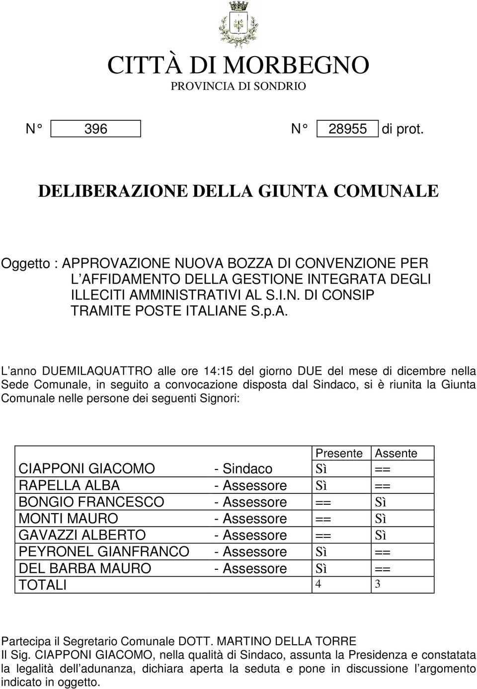 p.A. L anno DUEMILAQUATTRO alle ore 14:15 del giorno DUE del mese di dicembre nella Sede Comunale, in seguito a convocazione disposta dal Sindaco, si è riunita la Giunta Comunale nelle persone dei