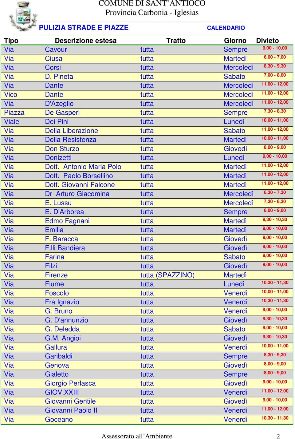 Via Della Resistenza tutta Martedì Via Don Sturzo tutta Giovedì Via Donizetti tutta Lunedì Via Dott. Antonio Maria Polo tutta Martedì Via Dott. Paolo Borsellino tutta Martedì Via Dott.