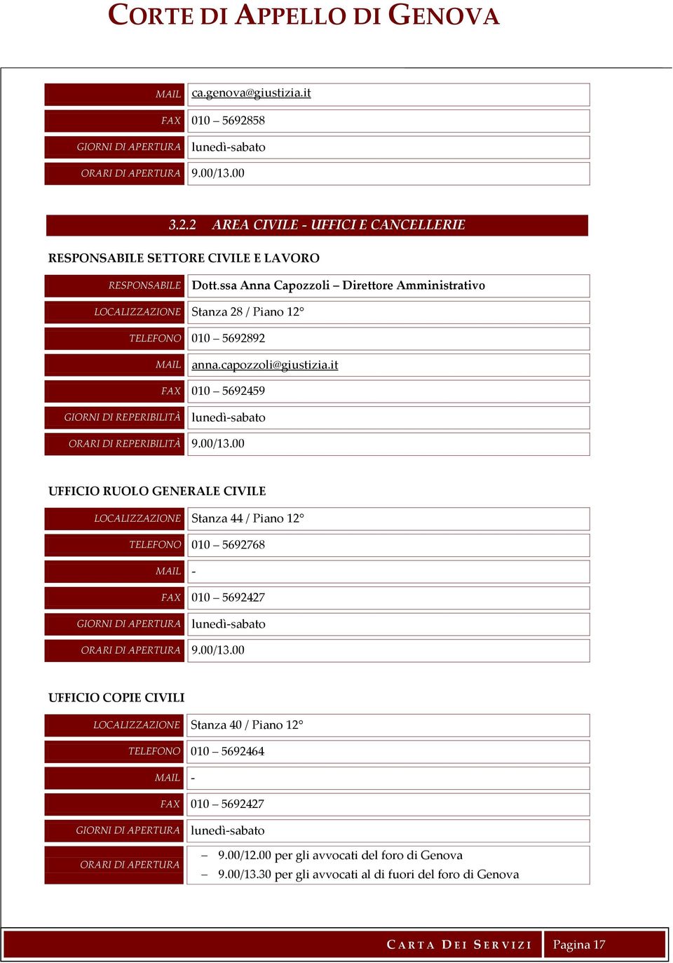 00/13.00 UFFICIO RUOLO GENERALE CIVILE LOCALIZZAZIONE Stanza 44 / Piano 12 TELEFONO 010 5692768 MAIL - FAX 010 5692427 GIORNI DI APERTURA ORARI DI APERTURA 9.00/13.00 UFFICIO COPIE CIVILI LOCALIZZAZIONE Stanza 40 / Piano 12 TELEFONO 010 5692464 MAIL - FAX 010 5692427 GIORNI DI APERTURA ORARI DI APERTURA 9.