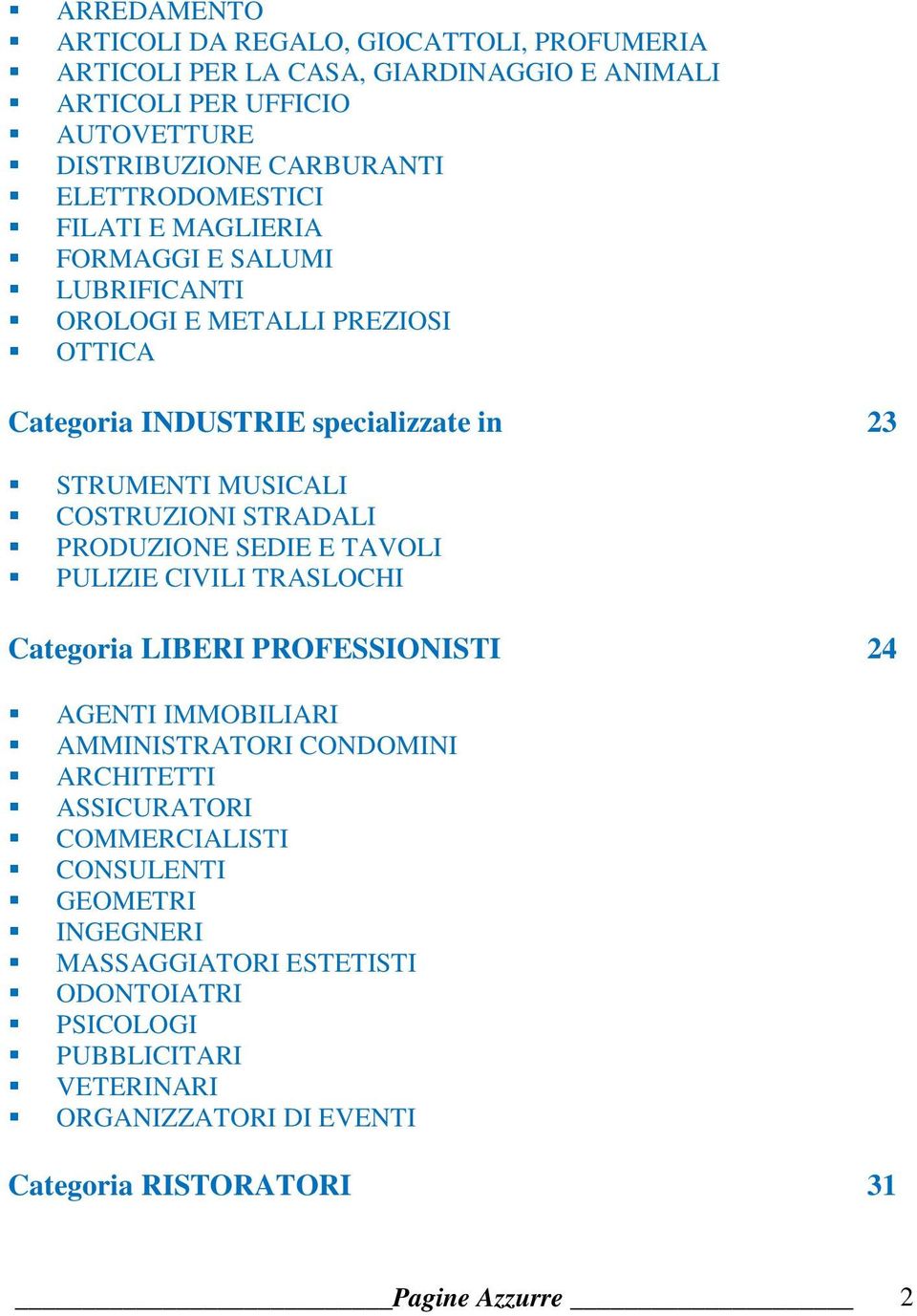 COSTRUZIONI STRADALI PRODUZIONE SEDIE E TAVOLI PULIZIE CIVILI TRASLOCHI Categoria LIBERI PROFESSIONISTI 24 AGENTI IMMOBILIARI AMMINISTRATORI CONDOMINI ARCHITETTI