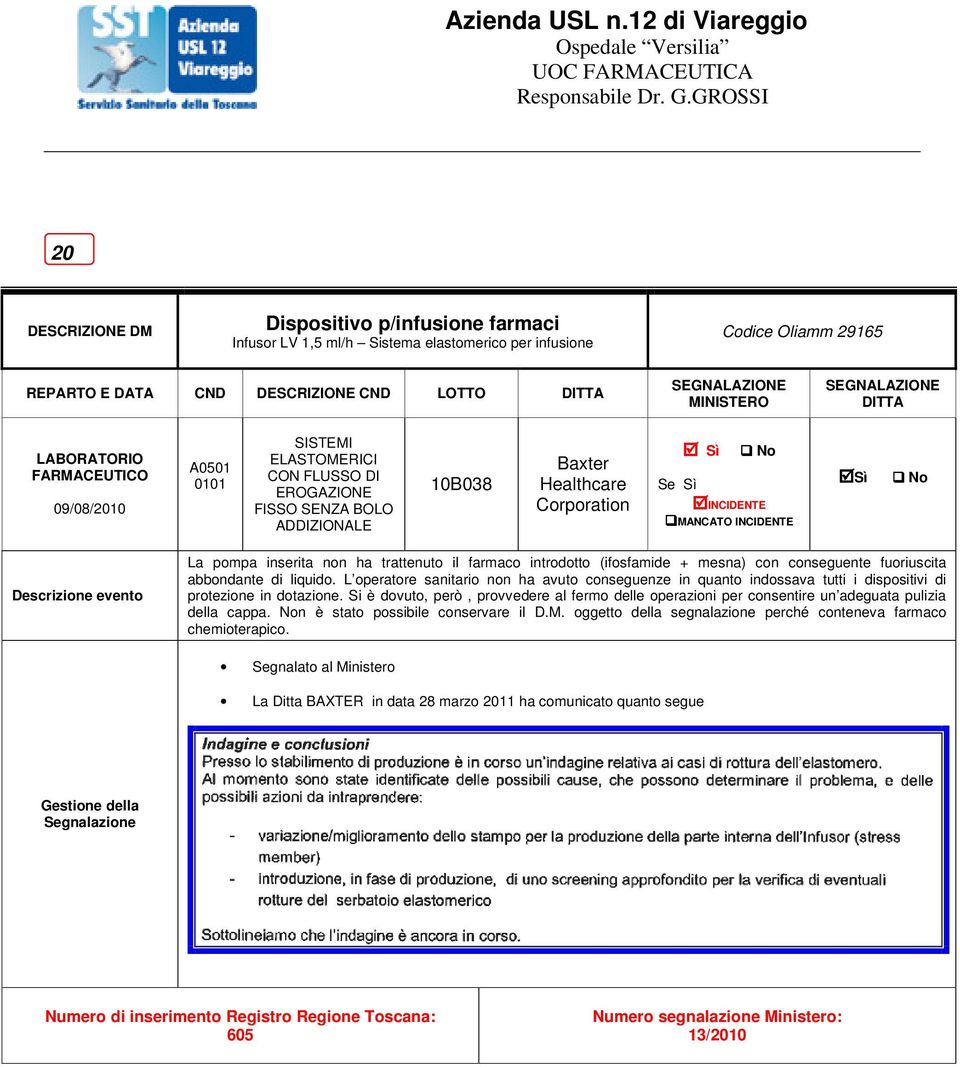 abbondante di liquido. L operatore sanitario non ha avuto conseguenze in quanto indossava tutti i dispositivi di protezione in dotazione.