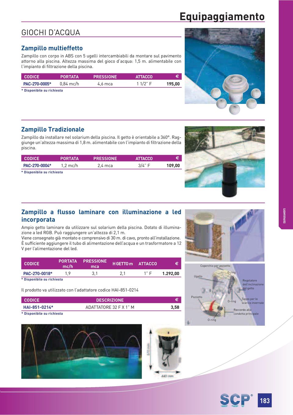 CODICE PORTATA PRESSIONE ATTACCO PAC-270-0005* 0,84 mc/h 4,6 mca 1 1/2 F 195,00 Zampillo Tradizionale Zampillo da installare nel solarium della piscina. Il getto è orientabile a 360.