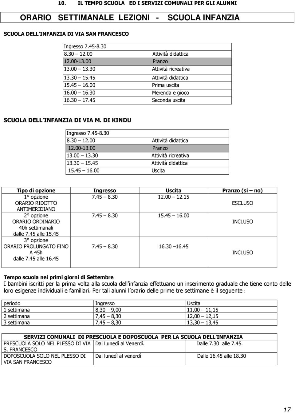 DI KINDU Ingresso 7.45-8.30 8.30 12.00 Attività didattica 12.00-13.00 Pranzo 13.00 13.30 Attività ricreativa 13.30 15.45 Attività didattica 15.45 16.