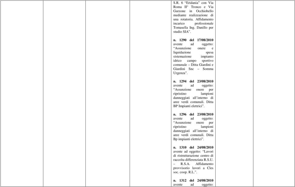 1294 del 23/08/2010 ripristino lampioni danneggiati all interno di aree verdi comunali. Ditta BP Impianti elettrici. n.