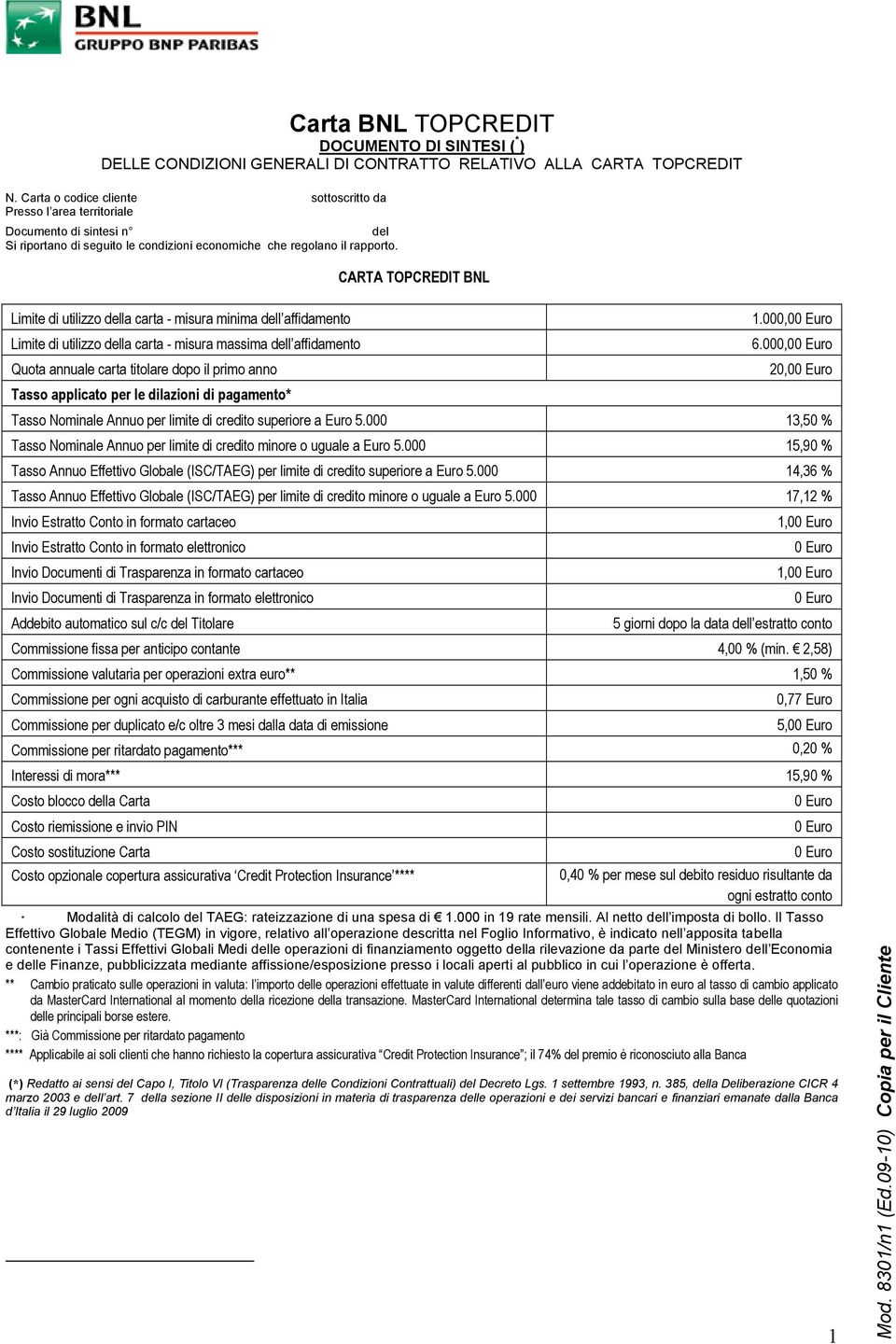 CARTA TOPCREDIT BNL Limite di utilizzo della carta - misura minima dell affidamento Limite di utilizzo della carta - misura massima dell affidamento Quota annuale carta titolare dopo il primo anno